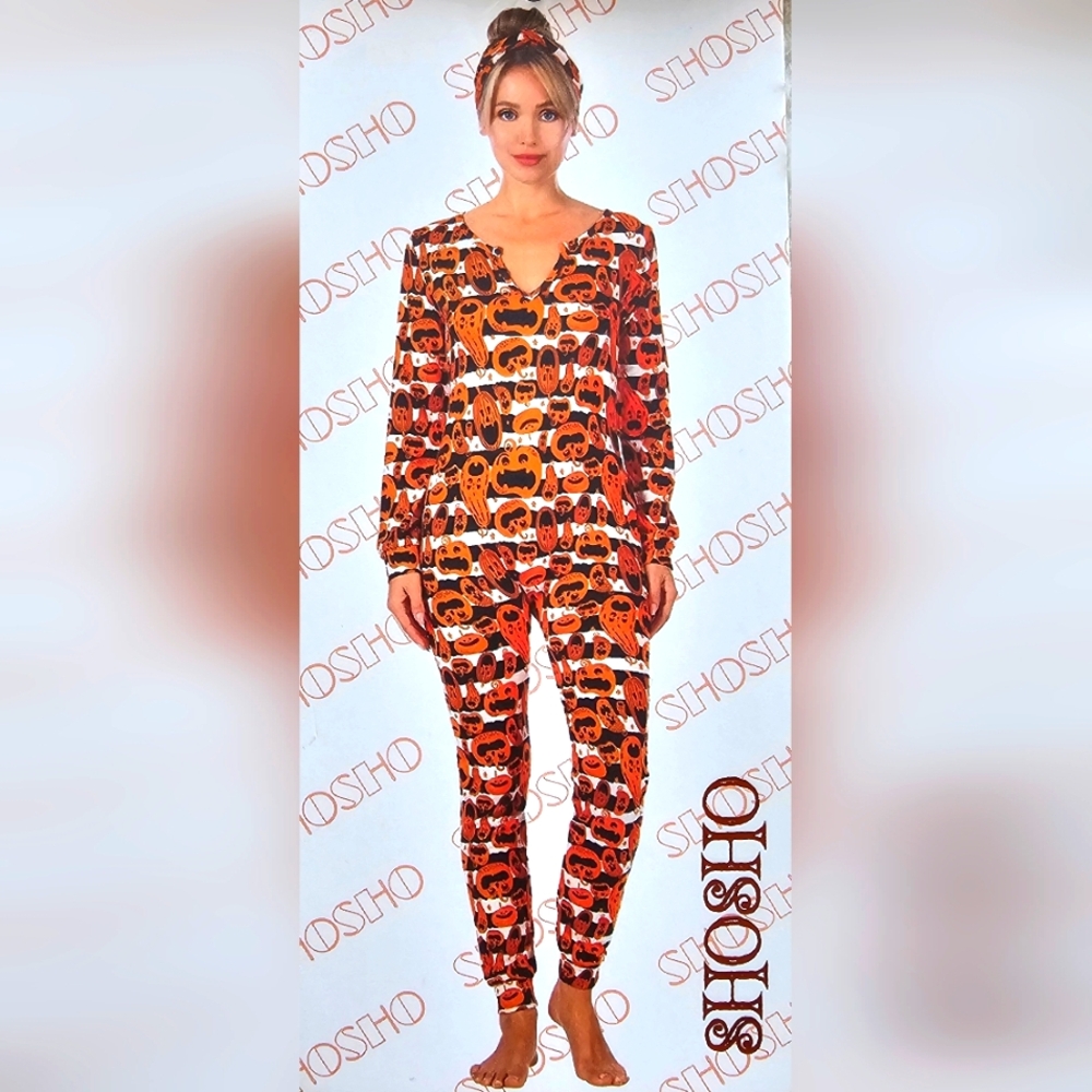 Shosho Women's Halloween Orange and Black Pajama Set